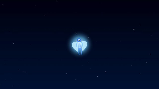 2D animation of a stylized blue winged alien flying through a starry night sky and landing safely with a parachute