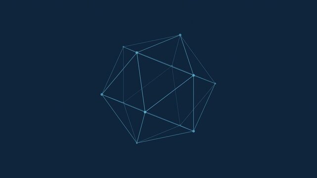 Blue wireframe polyhedron rotating slowly, geometric seamless loop background