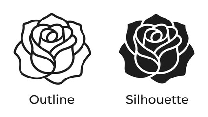 Rose Outline and Silhouette: A striking visual comparison showcasing a rose in two distinct styles: a clean line outline and a bold black silhouette, perfect for graphic design and artistic projects. © Nadim