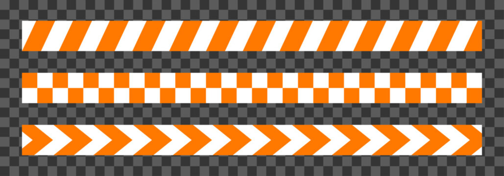 White and orange vector traffic barricade tape set with different styles uses caution, warning, alert and safety purpose isolated on transparent background. Barrier tape ribbon for roads and street.