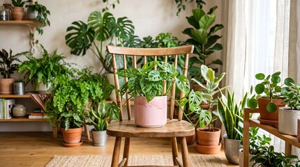 Fototapeta premium Cozy home interior filled with various green houseplants and a rustic wooden chair in a sunny room