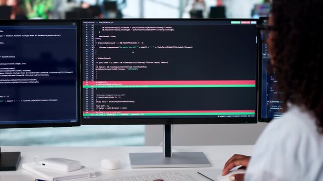 Software Developer Reviews Code Differences Using Visual Merge Tool
