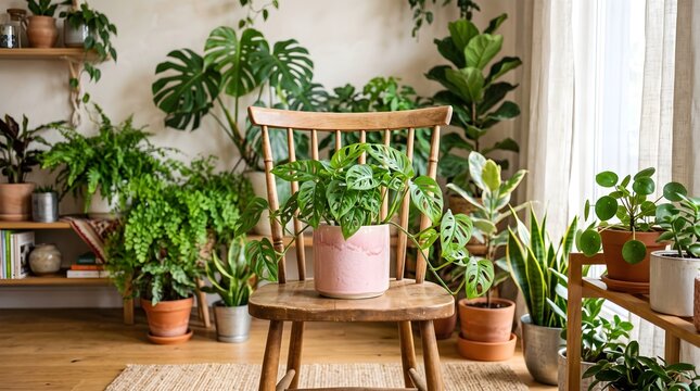 Cozy home interior filled with various green houseplants and a rustic wooden chair in a sunny room