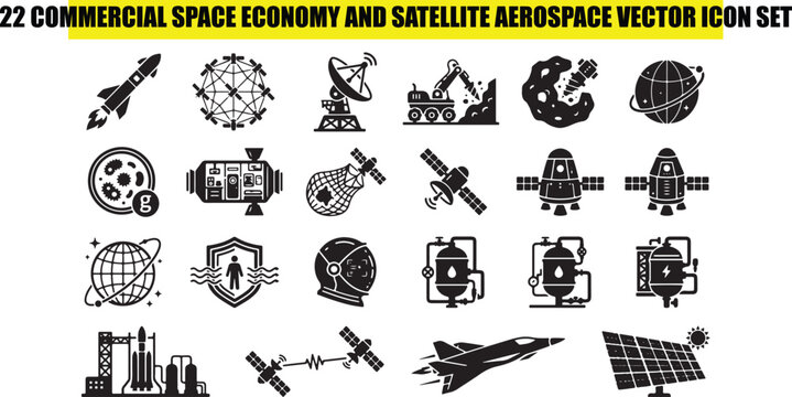 22 Commercial Space Economy and Satellite Aerospace Vector Icon Set, Pure Black Silhouette Icons Bundle Isolated on White