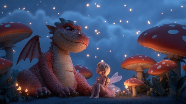 A red cartoon dragon and fairy sit amicably under a starry sky, surrounded by large red-capped mushrooms