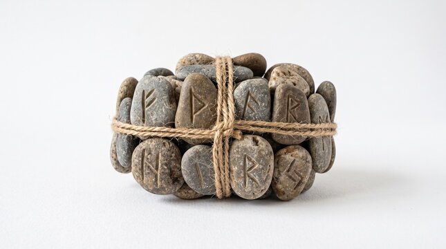 A collection of ancient carved runic stones bundled with natural twine on a plain white background.
