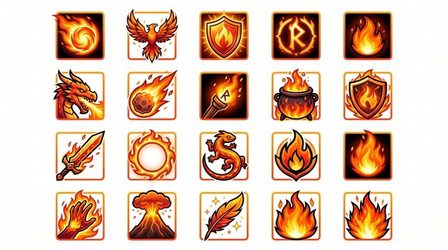 A vibrant collection of pixel art fire icons, depicting various magical elements, mythical creatures, and fiery objects for game design.