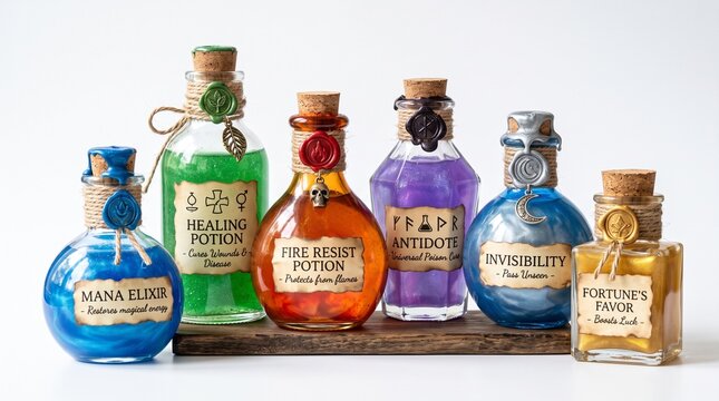 A vibrant collection of seven fantasy potions and elixirs in labeled glass bottles with cork stoppers, arranged on a wooden surface.