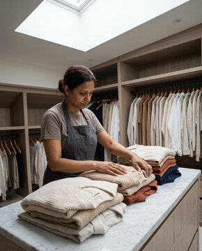 Stylist sorting knitwear and linen shirts by color gradient