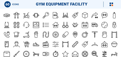 Fototapeta premium Weightlifting Gym Website Icons line icon set. Vector pictograms of fitness, equipment, training, and facility elements, thin linear illustration.