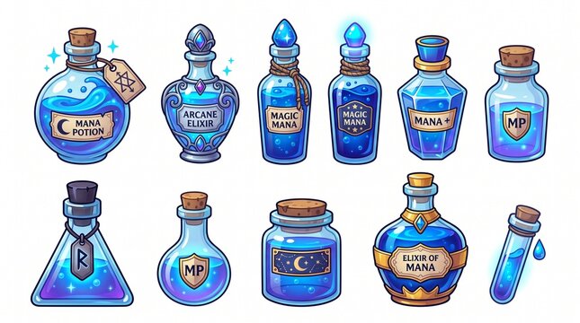 A vibrant collection of various blue and purple fantasy mana potions and magical elixirs in different bottles.