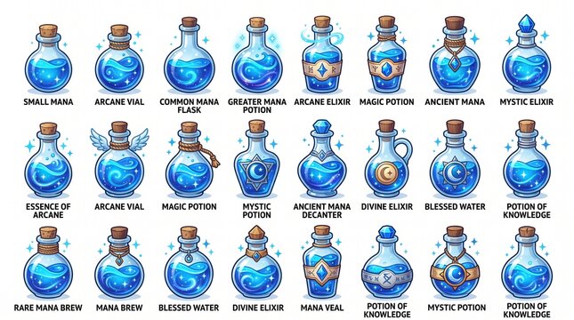 A vibrant grid showcasing a diverse array of fantasy-themed magical blue potions and elixirs, each contained within uniquely designed glass bottles with cork...