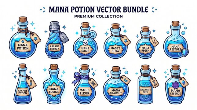 A collection of twelve cartoon-style blue mana potions in various glass bottles with labels and glowing effects, arranged on a white background.