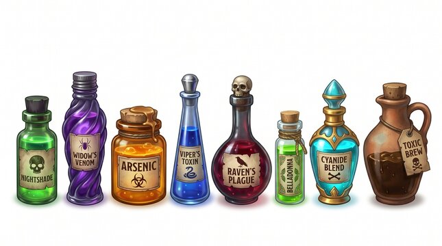 Stylized fantasy bottles containing various colorful magical potions and dangerous poisons, each with unique labels.