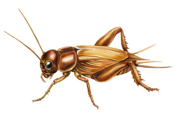 Brown Cricket Watercolor Painting with Detailed Wings Long Antennae and Powerful Hind Legs Isolated on Background