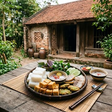 Bun Dau Mam Tom, featuring neatly arranged cubes of pressed rice vermicelli, crispy golden fried tofu, background of a rustic Northern Vietnamese village 