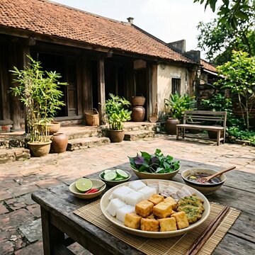 Traditional Vietnamese countryside courtyard set with a rustic meal, bun dau mam tom, bun dau mam tom, b&uacute;n đậu mắm t&ocirc;m,  