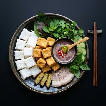 Bun Dau Mam Tom, featuring neatly arranged cubes of pressed rice vermicelli, crispy golden fried tofu, background of a rustic Northern Vietnamese village 