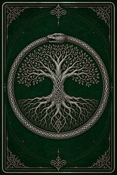 Ouroboros Encircling Tree of Life Celtic Symbol Illustration