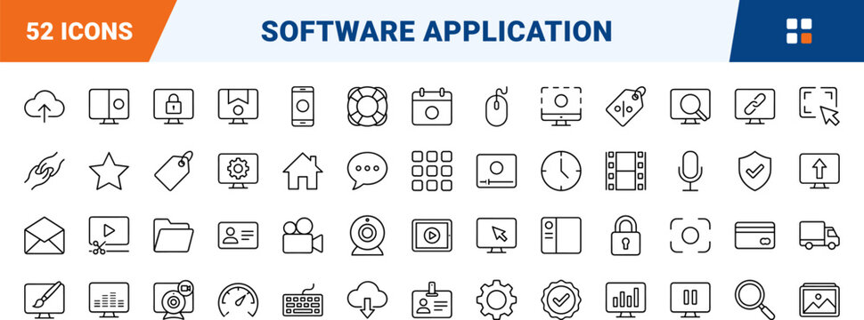 Screen Recorder App Icons line icon set. Vector pictograms of software, interface, recording, and media elements, thin linear illustration.