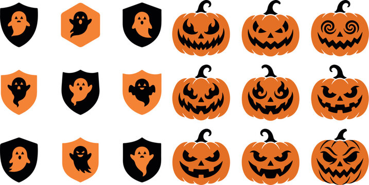 Halloween icons with orange pumpkins and ghost shields on white