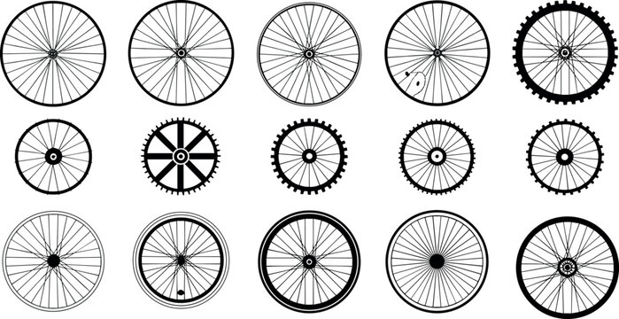 Bicycle wheel and gear icon set vector illustration featuring various bike spoke rims isolated on white background