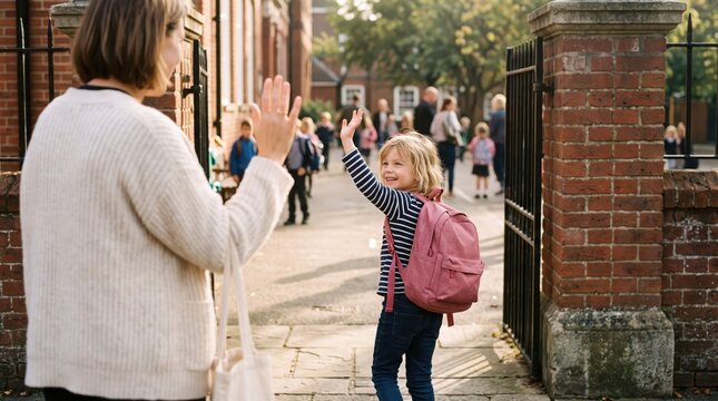 Child waving goodbye to parent at school gate during morning drop off