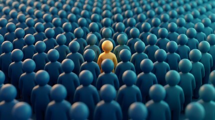 Obraz premium Concept of Individuality and Uniqueness with Yellow Figure Standing Out in a Blue Crowd