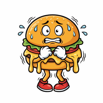 Hamburger cheesy mascot felt cold and affraid