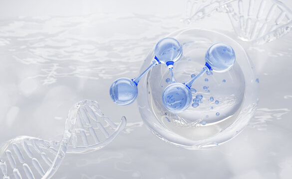 Blue molecule bubble with transparent liquid DNA structures floating in clear water. Cosmetic lab 3d background. PDRN serum drop with peptide, hyaluronic acid. Beauty skincare formula. 3D illustration