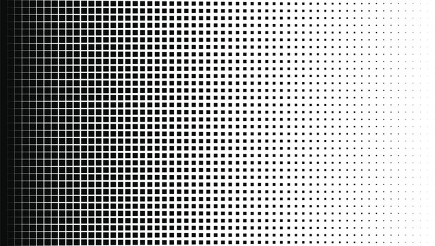 Gradient pattern of black squares decreasing in size from left to right on a white background, geometric texture
