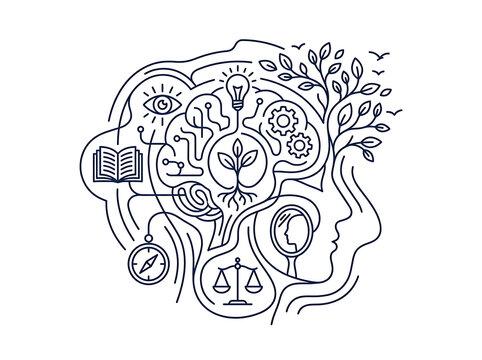 Abstract line art illustration depicting the human mind with symbols of knowledge growth and balance for psychology and self awareness concepts