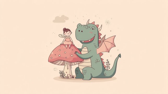 A friendly dragon and fairy sit together on a mushroom