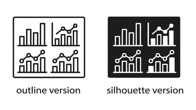 Graphic Representations of Data Analysis: A visual representation showcasing data analysis through bar graphs and line charts in both outline and silhouette versions.