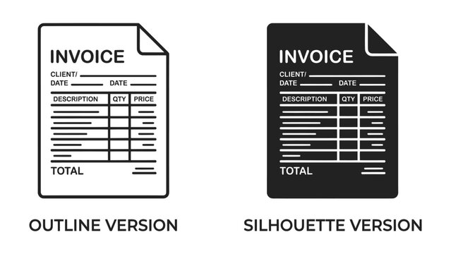 Invoice Icon Set: A graphic representation of an invoice in both outline and silhouette styles, clearly displaying fields for client, date, description, quantity, and price.
