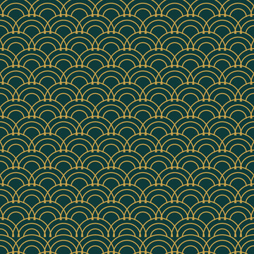 Art deco scallop fan seamless pattern in gold on deep teal
