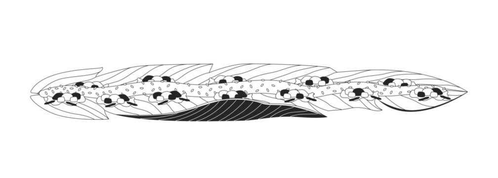 Kembulan traditional food on banana leaves black and white cartoon clipart. Javanese dining tradition. Shared meal with rice. Communal serving isolated vector linear element. Flat spot illustration