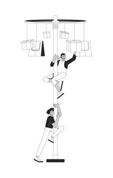 Traditional panjat pinang team competitors line art characters. Indonesian participants working together to climb greased pole isolated vector outline people. Black and white spot illustration