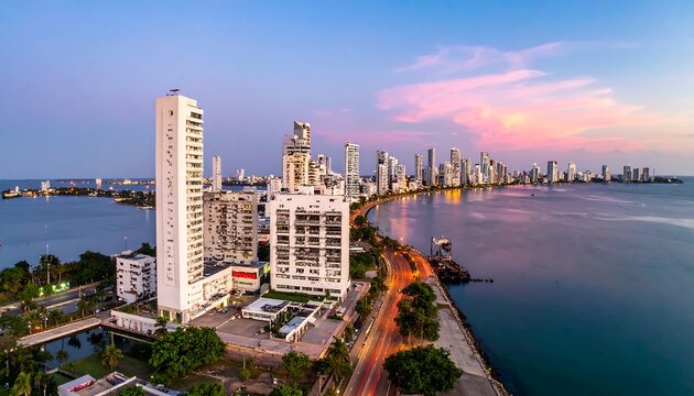 Aerial view of a city skyline at sunset. A coastal road runs along the waterfront with buildings, water and sky filled with colors