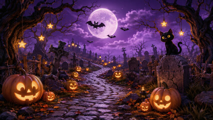Fototapeta premium Eerie Halloween Night: A hauntingly beautiful Halloween scene unfolds under a full moon, with jack-o'-lanterns illuminating a path through a spooky graveyard, bats flying.