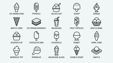 Fototapeta premium Collection of frozen dessert icons in simple line art style featuring various cold treats like ice cream cones popsicles and milkshakes for food menus.