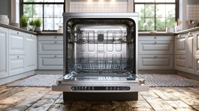 A modern, stainless steel dishwasher with a glass door, open and empty, in a clean, white kitchen with wooden floors and white cabinets.