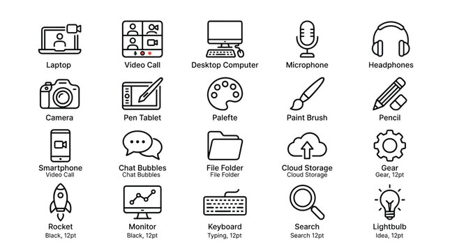 Collection of digital technology outline icons for business communication software hardware devices creative tools internet connectivity and productivity applications.
