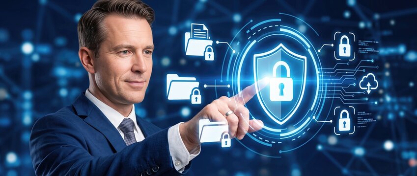 Business professional engaging with a digital security interface illustrating concepts of data protection and cybersecurity in contemporary technology landscape.