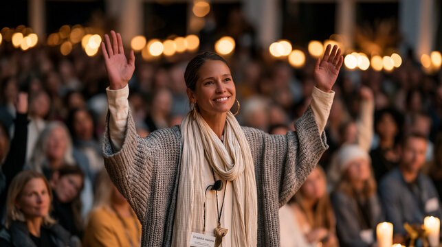 Panel moderator on a candlelit stage surrounded by a diverse seated crowd at a wellness transformation summit, faces lit dramatically from below, emotional audience reactions