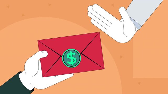 Refusing bribe payment 2D animation concept. Ethical conduct. Anti-bribery. Corruption prevention. Hand rejects envelope containing money animated cartoon flat creative idea 4K video hero section