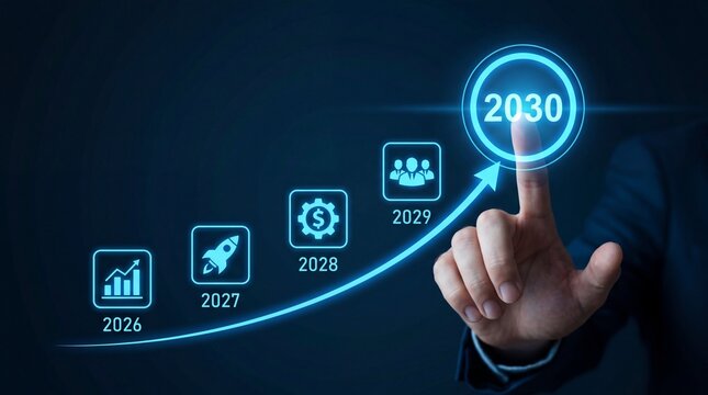 A hand interacts with a futuristic interface displaying a timeline from 2026 to 2030 with various icons