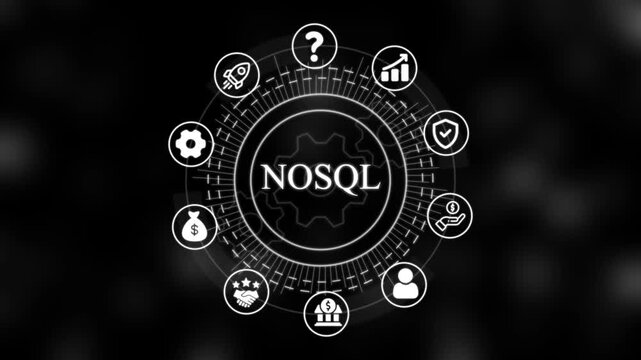No sql database technology concept with rotating digital and hud interface for big data management and cloud computing solutions