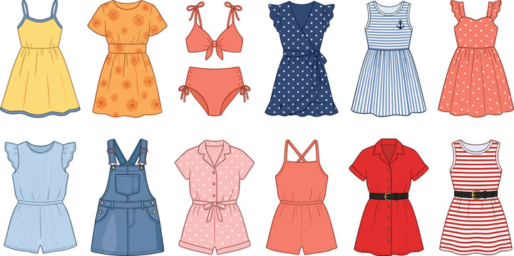 Women's Summer Clothing Collection Vector Set with Dresses Rompers Swimwear and Casual Fashion Outfits