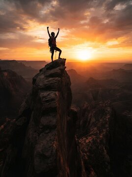 Silhouette of a hiker celebrating on a mountain peak at sunset.